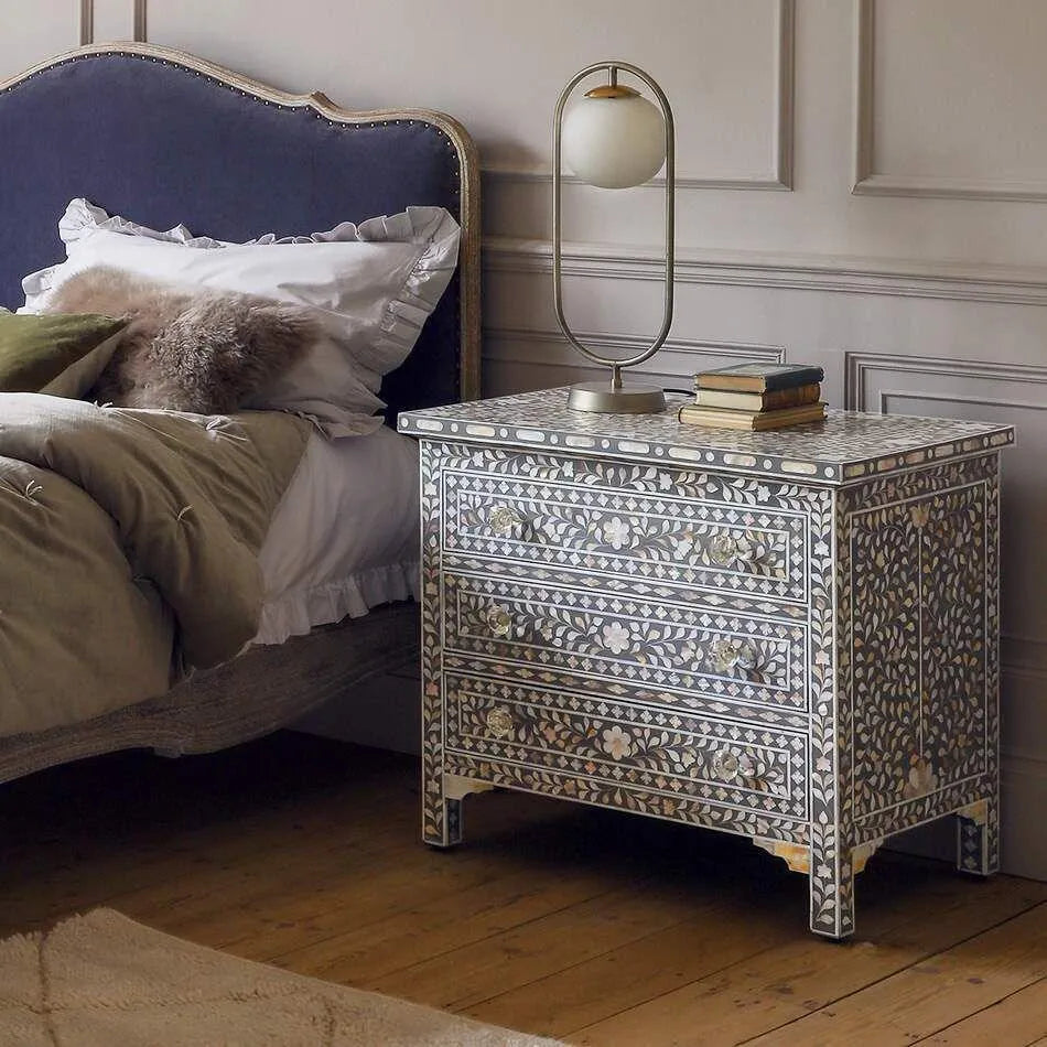 Classic Grey Mother of Pearl Large Bedside Table - Jodha Furniture