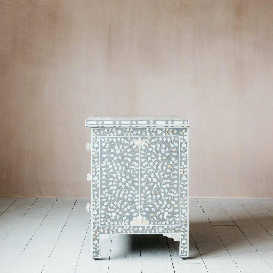 Classic Grey Mother of Pearl Large Bedside Table - Jodha Furniture