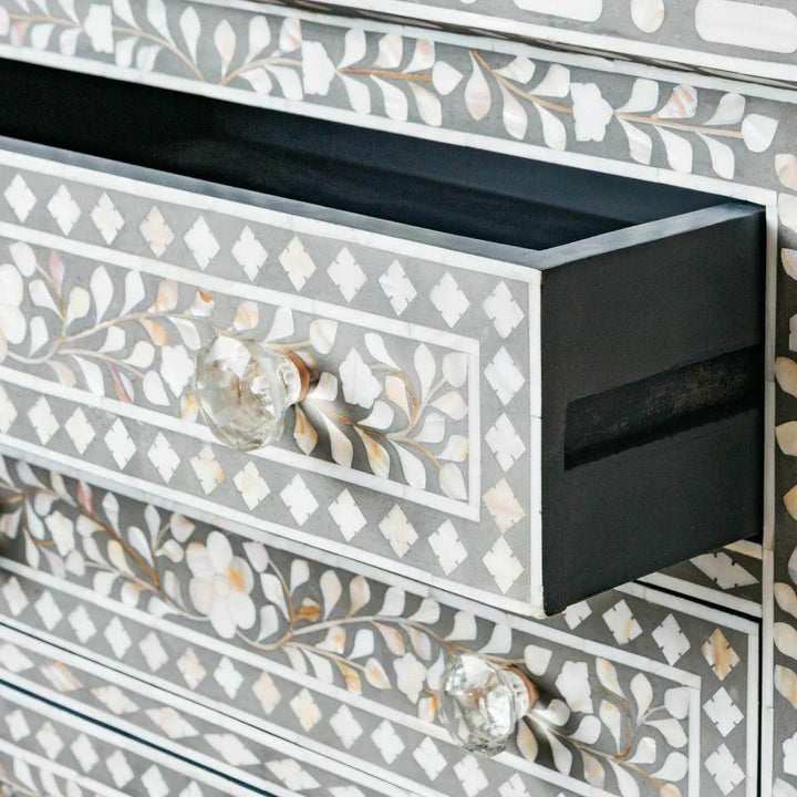 Classic Grey Mother of Pearl Large Bedside Table - Jodha Furniture