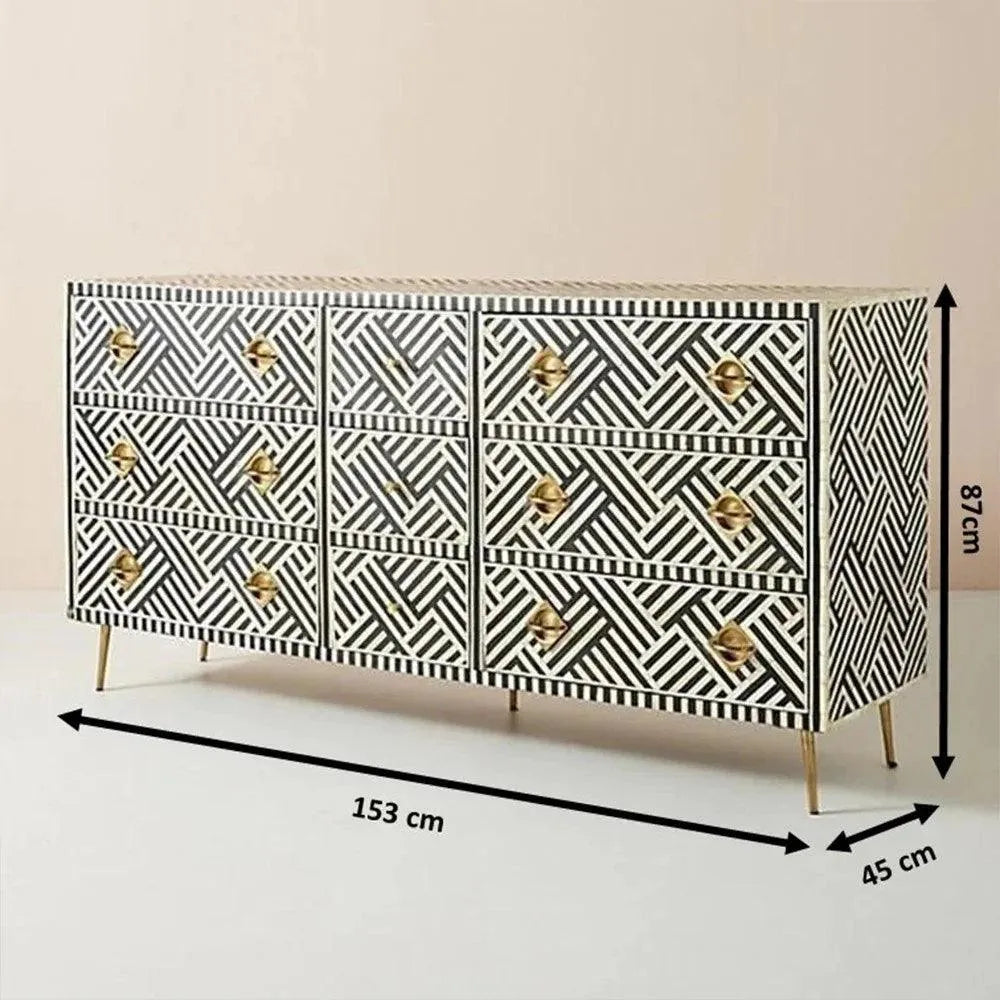 Classics Black and White Bone Inlay Chest of Drawers - Jodha Furniture