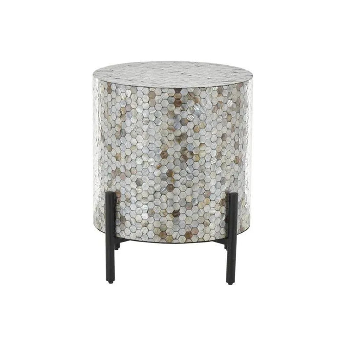 Cole And Grey Mother Of Pearl Shell Handmade Inlay Abstract End Table With Black Legs - Jodha Furniture