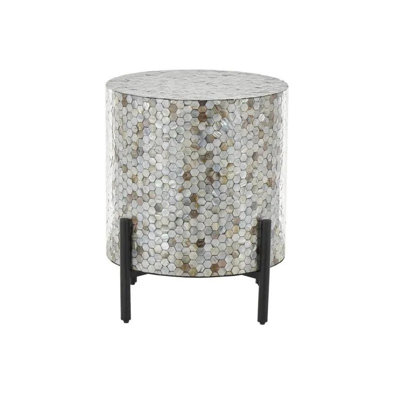 Cole And Grey Mother Of Pearl Shell Handmade Inlay Abstract End Table With Black Legs - Jodha Furniture