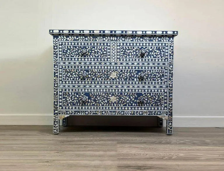 Dark Blue Mother of Pearl Chest of Drawers - Jodha Furniture