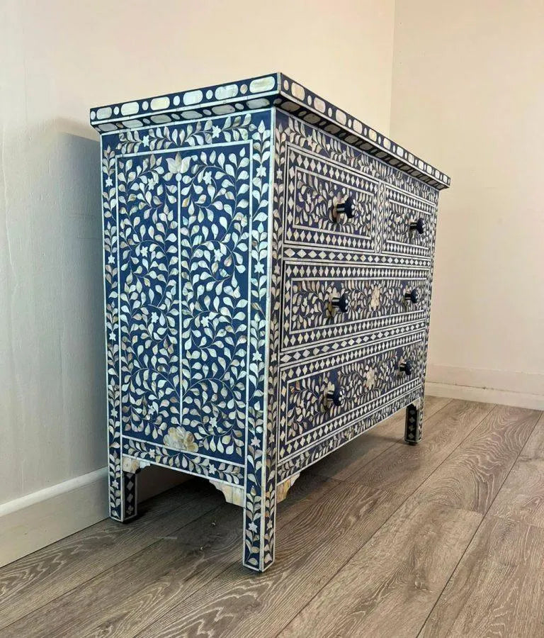 Dark Blue Mother of Pearl Chest of Drawers - Jodha Furniture