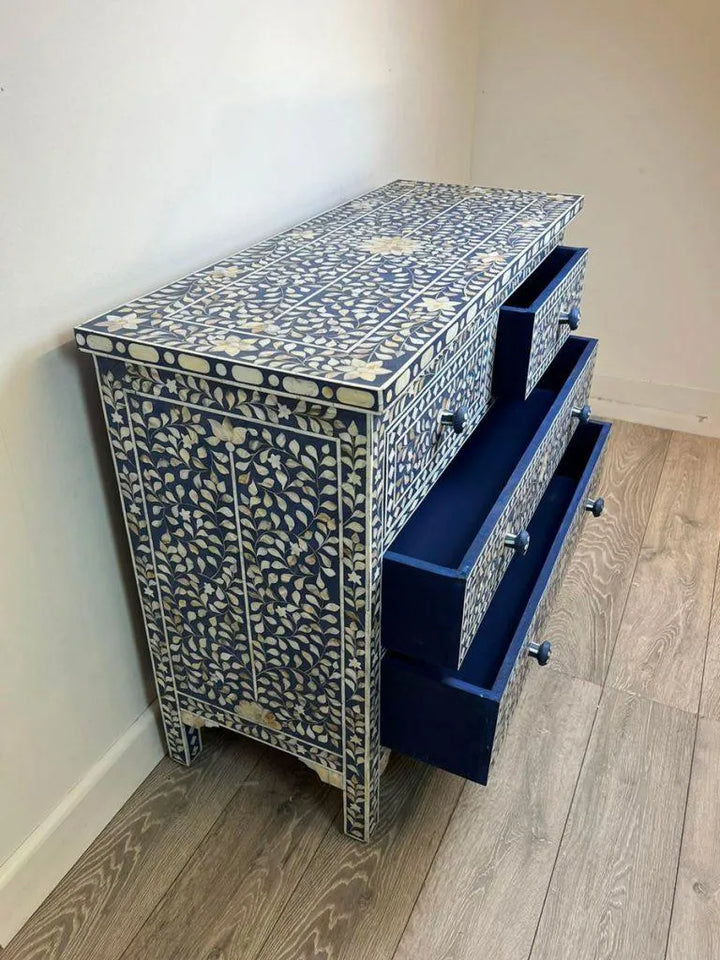 Dark Blue Mother of Pearl Chest of Drawers - Jodha Furniture