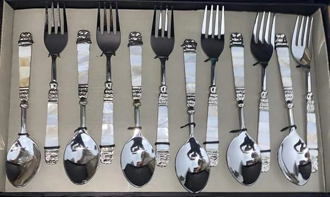 Designer Mother of Pearl Silver 6 Spoons & 6 Forks Cutlery Set (White) - 12 Pcs - Jodha Furniture