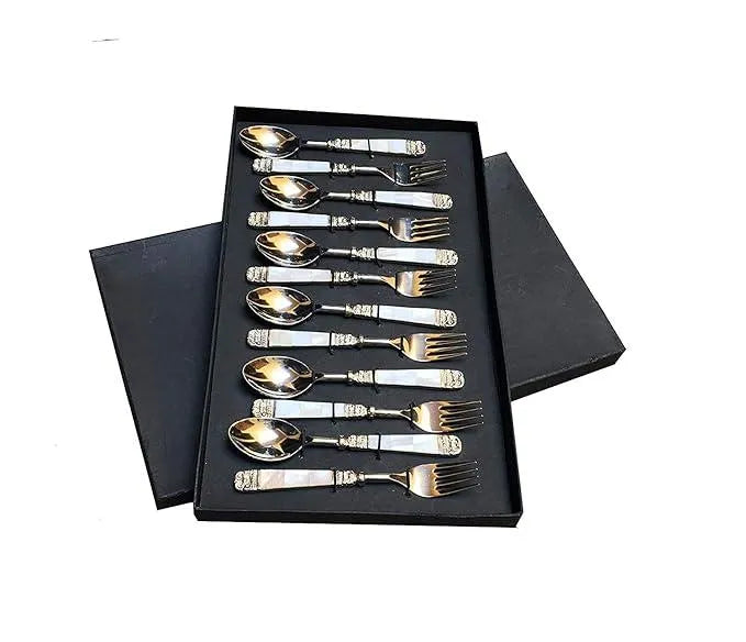 Designer Mother of Pearl Silver 6 Spoons & 6 Forks Cutlery Set (White) - 12 Pcs - Jodha Furniture