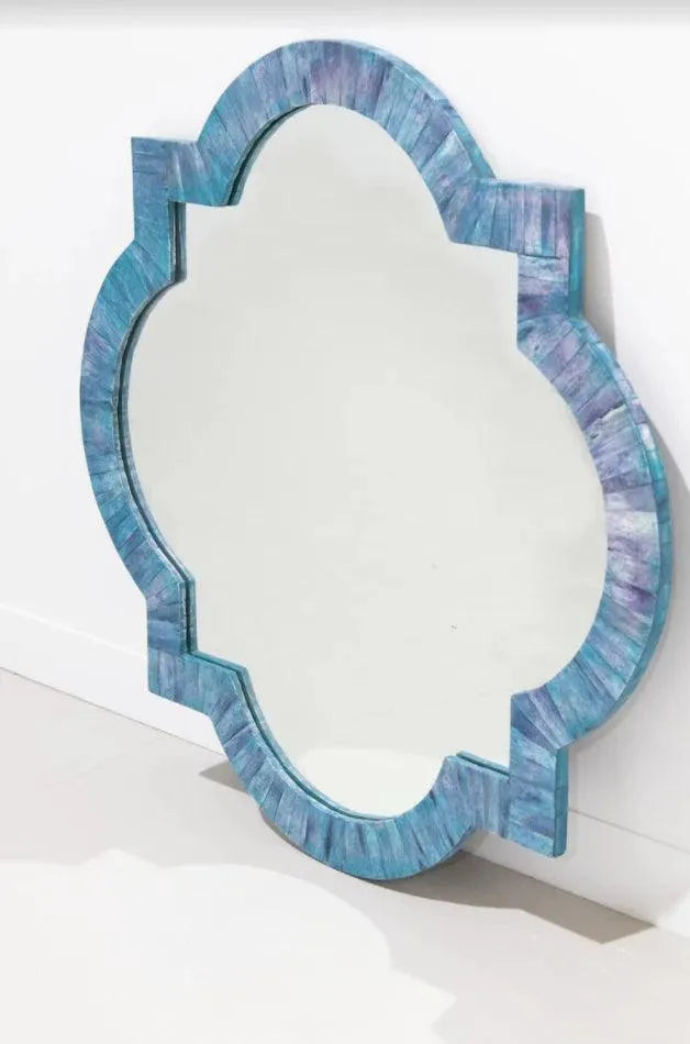 Dyed Bone Inlay Quatrefoil Wall Mirror - Blue - Jodha Furniture