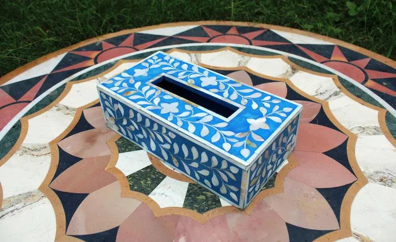 Handmade mother of pearl blue tissue holder box - Jodha Furniture