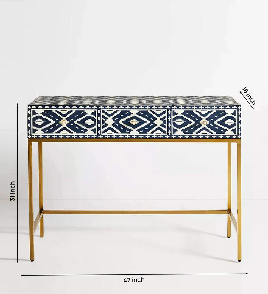 Ikkat Bone Inlay Console Table In Indigo Finish - Jodha Furniture