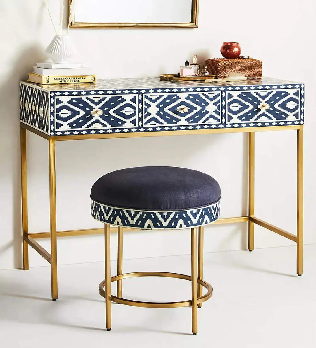 Ikkat Bone Inlay Console Table In Indigo Finish - Jodha Furniture