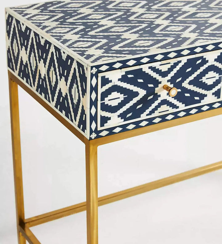 Ikkat Bone Inlay Console Table In Indigo Finish - Jodha Furniture