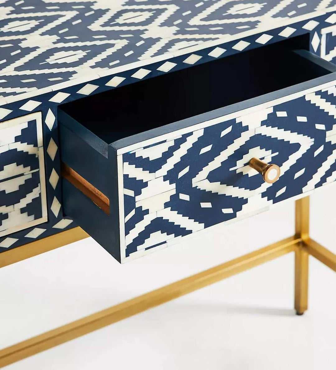 Ikkat Bone Inlay Console Table In Indigo Finish - Jodha Furniture