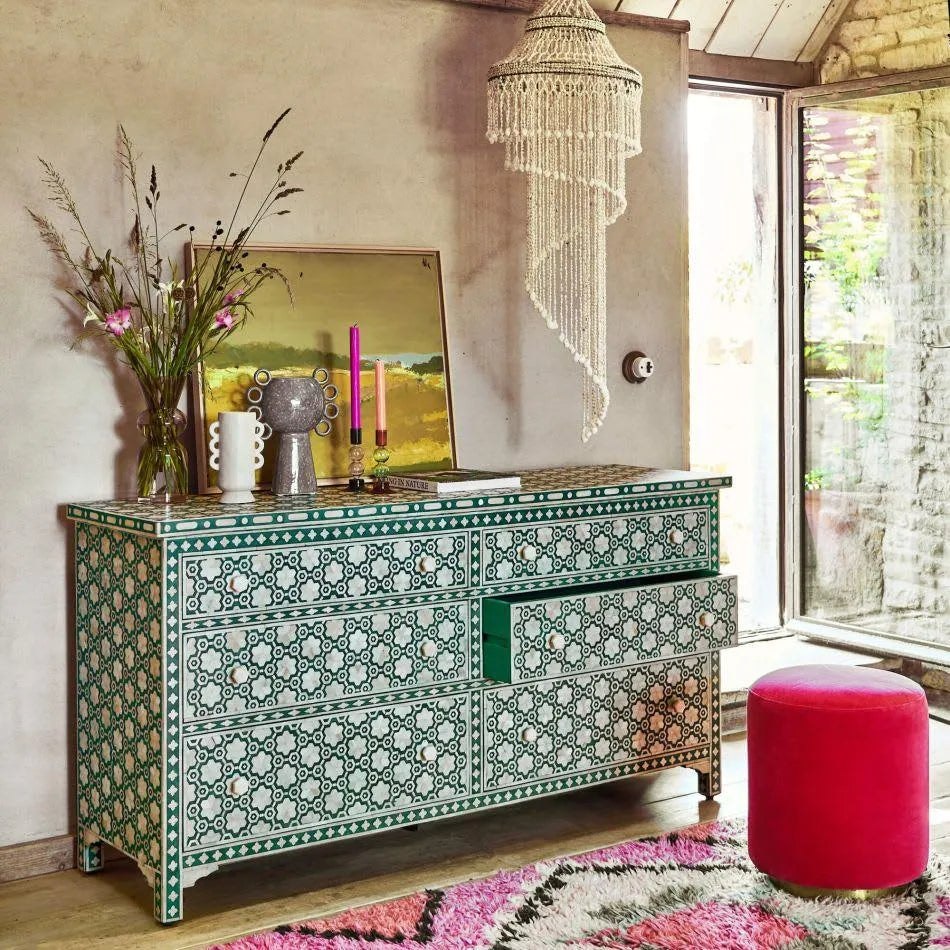 Jade Floral Inlay Six Drawer Cabinet - Jodha Furniture