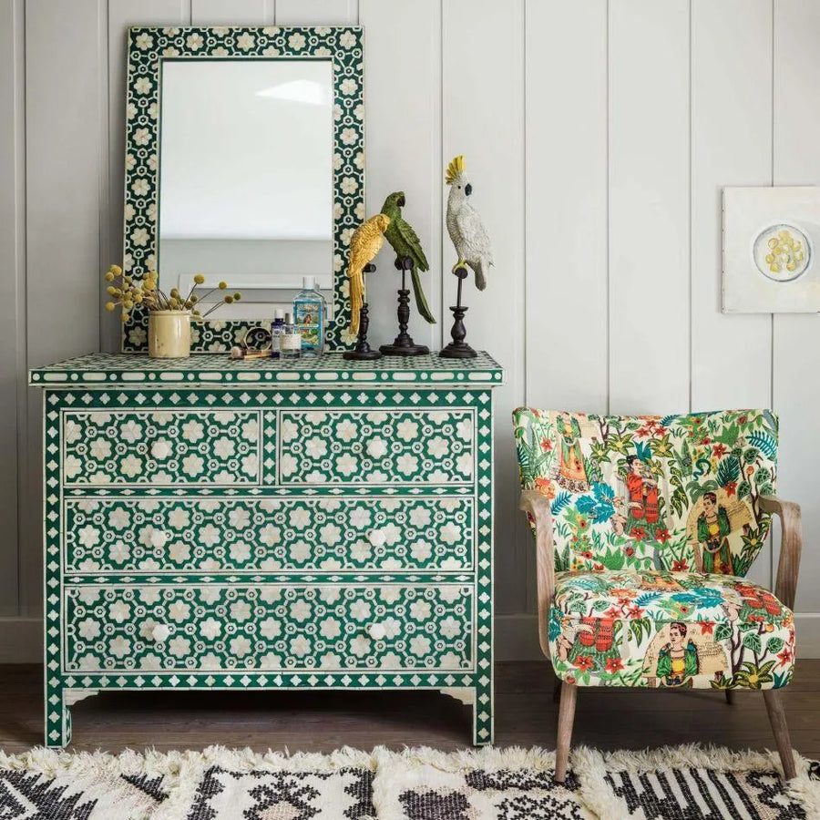 Jade Green Floral Bone Inlay Chest of Drawers - Jodha Furniture