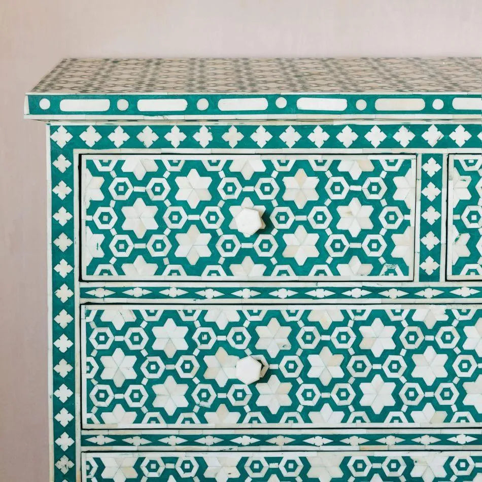 Jade Green Floral Bone Inlay Chest of Drawers - Jodha Furniture