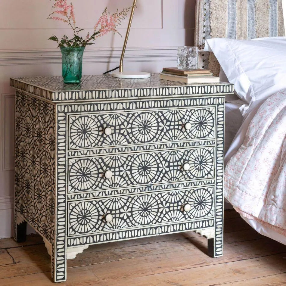 Kaleidoscope Bone Inlay Three Drawer Chest of Drawers - Jodha Furniture