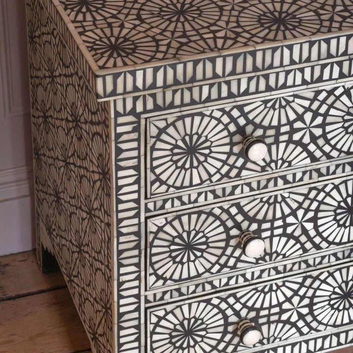 Kaleidoscope Bone Inlay Three Drawer Chest of Drawers - Jodha Furniture