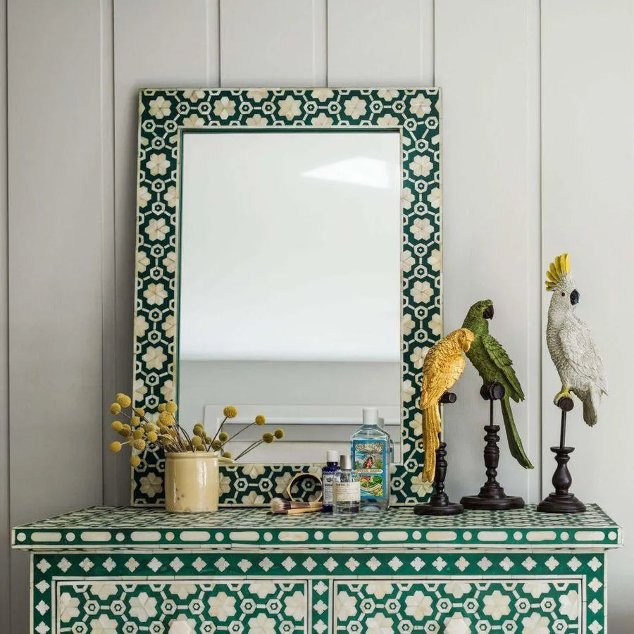 Large Jade Green Floral Bone Inlay Wall Mirror - Jodha Furniture