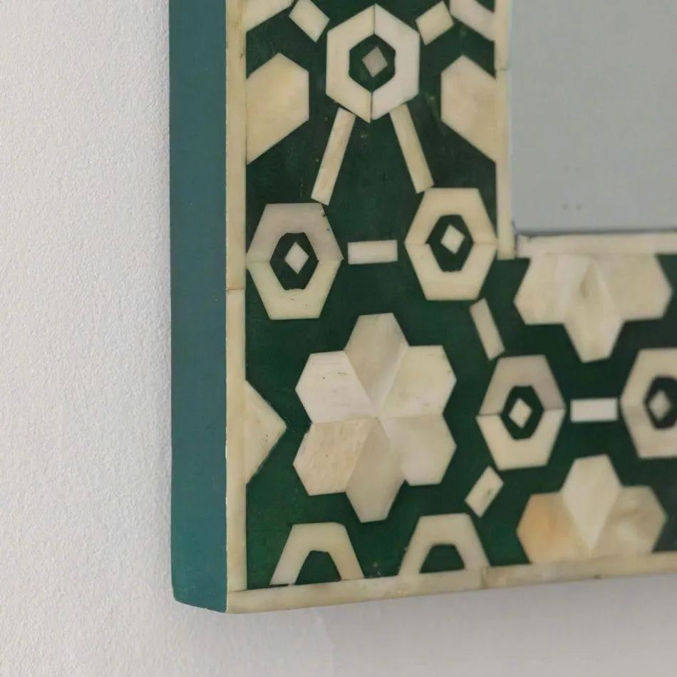 Large Jade Green Floral Bone Inlay Wall Mirror - Jodha Furniture