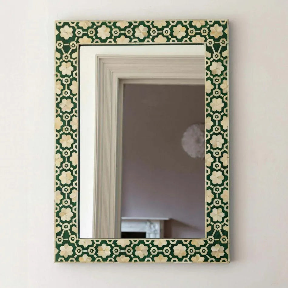 Large Jade Green Floral Bone Inlay Wall Mirror - Jodha Furniture