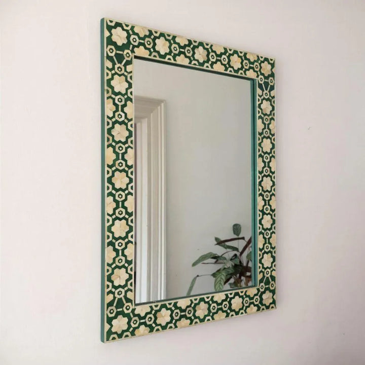 Large Jade Green Floral Bone Inlay Wall Mirror - Jodha Furniture