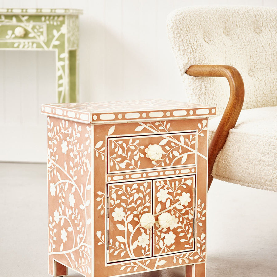 Lohko Rose Pink Floral Inlay Bedside Cabinet - Jodha Furniture