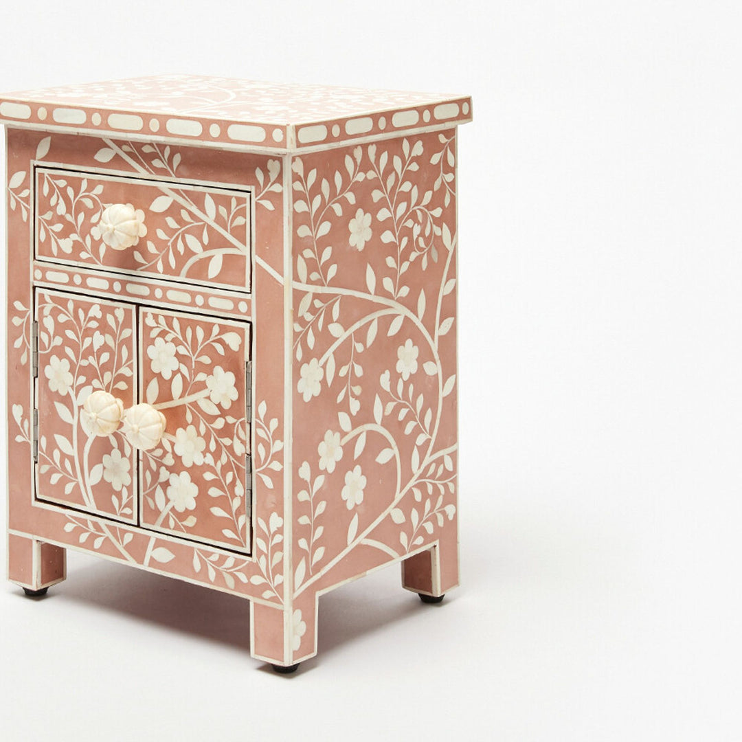 Lohko Rose Pink Floral Inlay Bedside Cabinet - Jodha Furniture