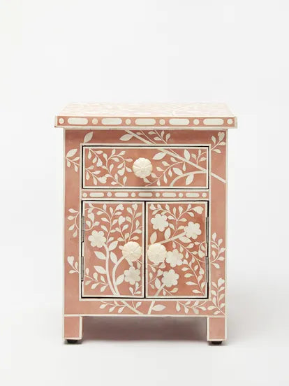 Lohko Rose Pink Floral Inlay Bedside Cabinet - Jodha Furniture