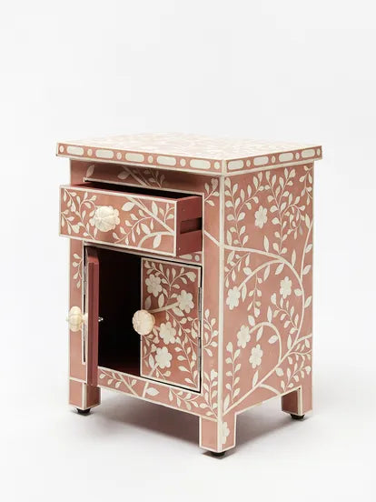 Lohko Rose Pink Floral Inlay Bedside Cabinet - Jodha Furniture