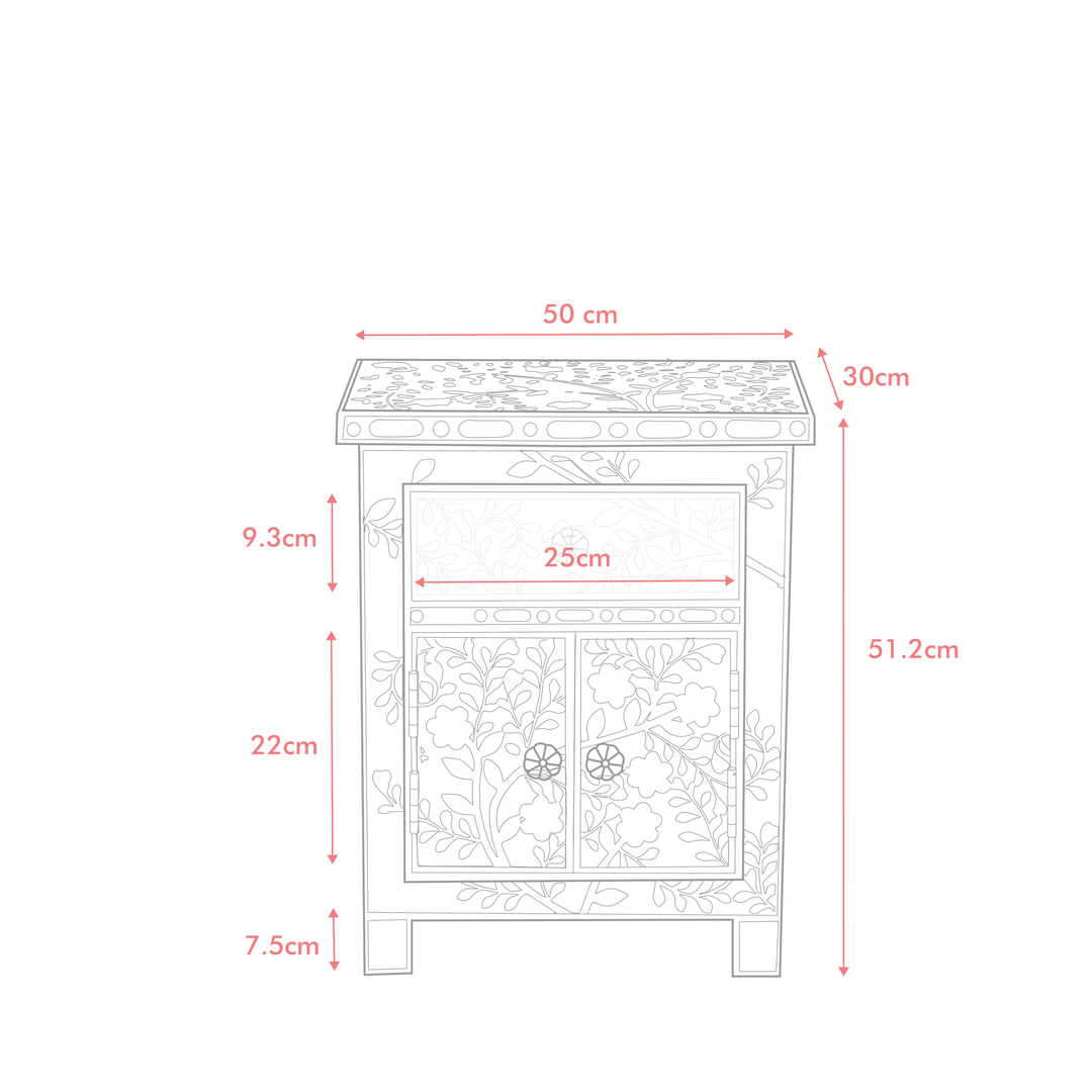 Lohko Rose Pink Floral Inlay Bedside Cabinet - Jodha Furniture