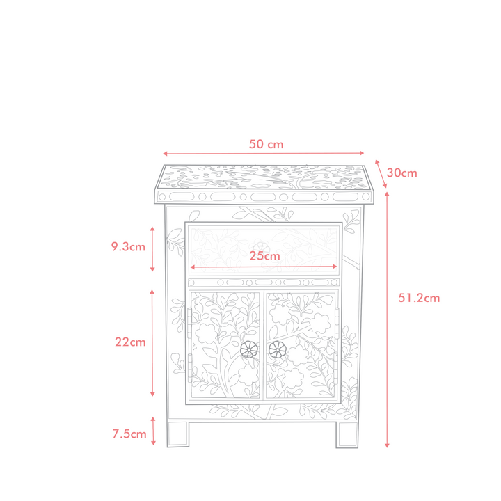 Lohko Rose Pink Floral Inlay Bedside Cabinet - Jodha Furniture