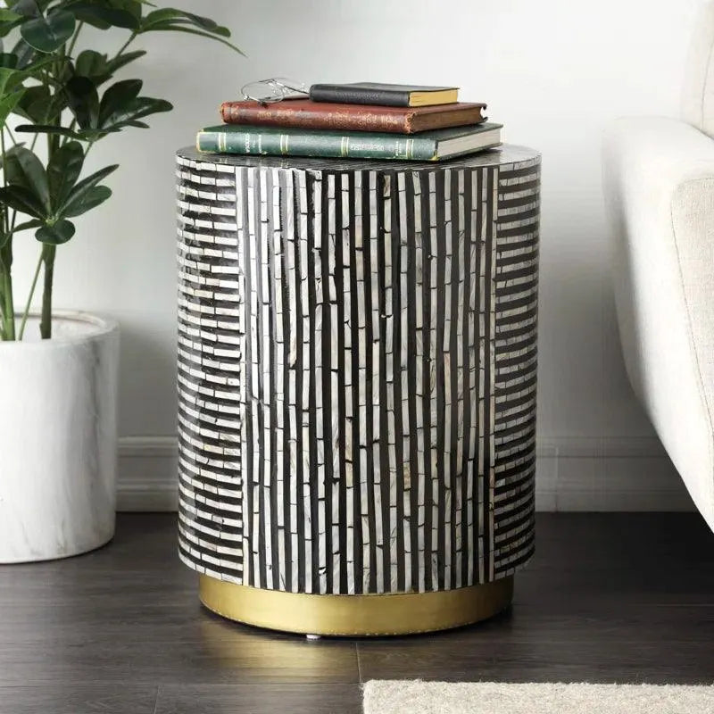 Mother Of Pearl Drum Side Table With Linear Mosaic Pattern And Gold Base - Jodha Furniture