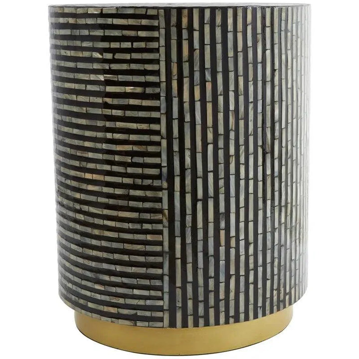 Mother Of Pearl Drum Side Table With Linear Mosaic Pattern And Gold Base - Jodha Furniture