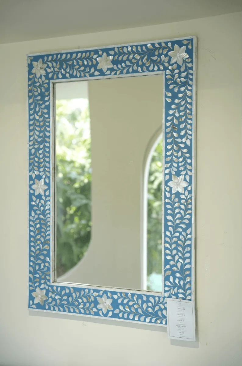 Mother Of Pearl Floral Blue Wall Mirror - Jodha Furniture