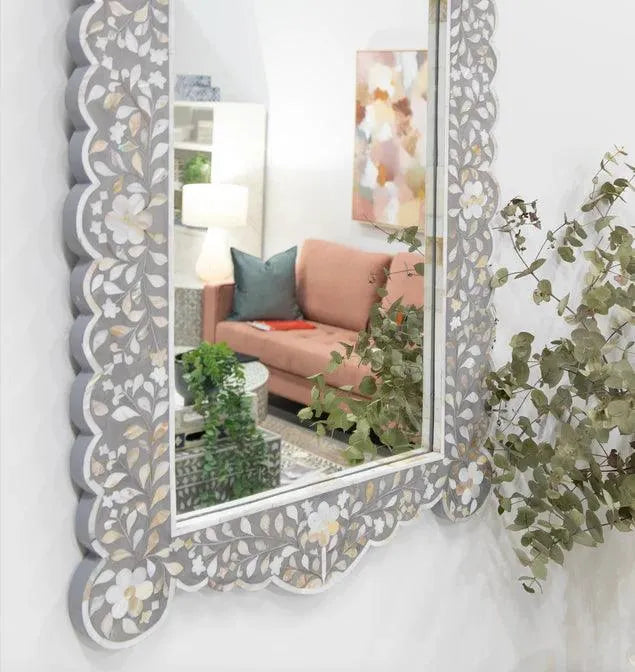 Mother of Pearl Floral Wall Mirror - Grey - Jodha Furniture