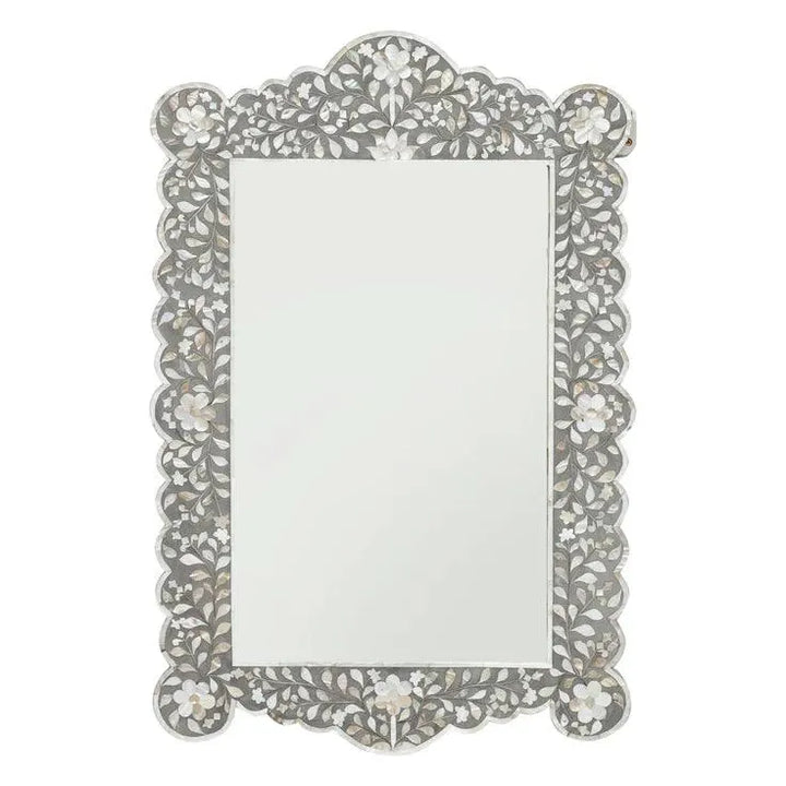 Mother of Pearl Floral Wall Mirror - Grey - Jodha Furniture