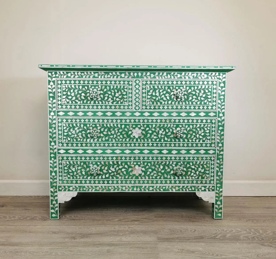 Mother of Pearl Inlay Amira Classic Green Chest of Drawer Dresser Floral Pattern - Jodha Furniture