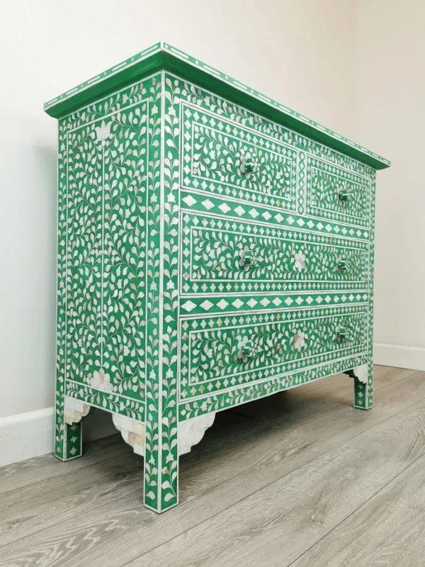 Mother of Pearl Inlay Amira Classic Green Chest of Drawer Dresser Floral Pattern - Jodha Furniture