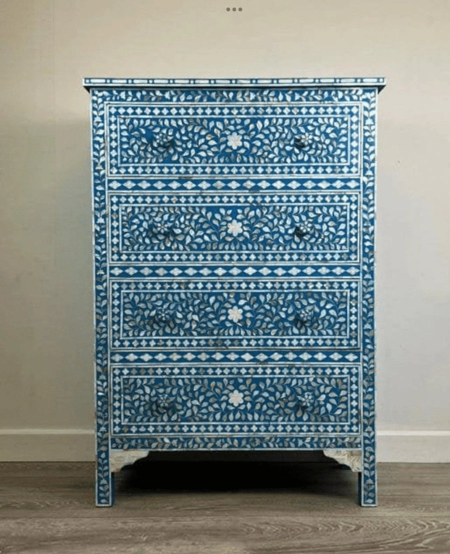 Mother of pearl inlay floral design chest of drawer tall boy blue - Jodha Furniture