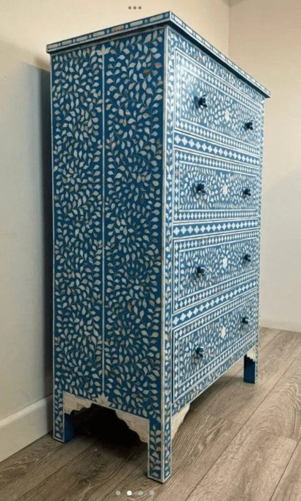 Mother of pearl inlay floral design chest of drawer tall boy blue - Jodha Furniture