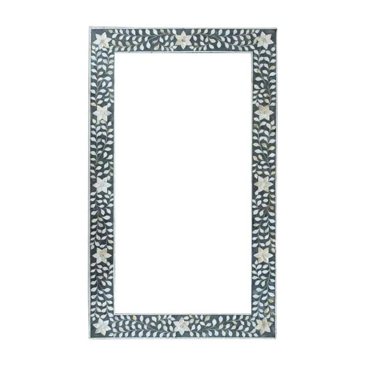 Mother of Pearl Inlay Floral Rectangle Wall Mirror - Grey - Jodha Furniture