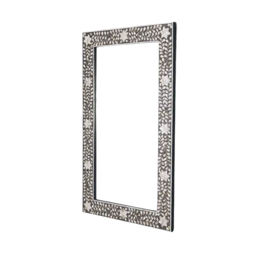 Mother of Pearl Inlay Floral Rectangle Wall Mirror - Grey - Jodha Furniture