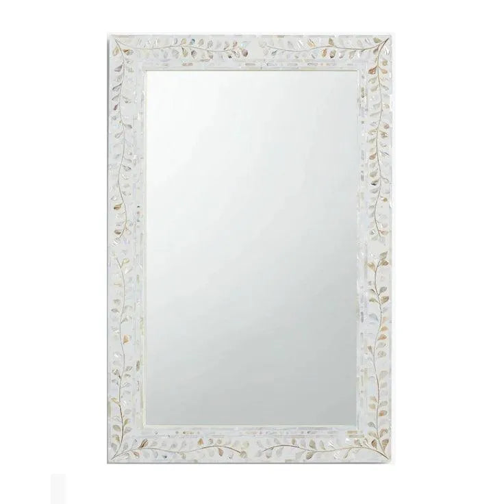 Mother of Pearl Inlay Floral Rectangle Wall Mirror - White - Jodha Furniture