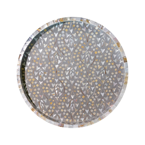 Mother of Pearl Inlay Round Tray : Heart : Grey - Jodha Furniture