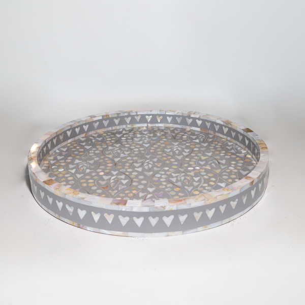 Mother of Pearl Inlay Round Tray : Heart : Grey - Jodha Furniture