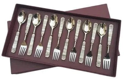 Mother of Pearl Silver 6 Spoons & 6 Forks Cutlery Set (White) - 12 Pcs - Jodha Furniture