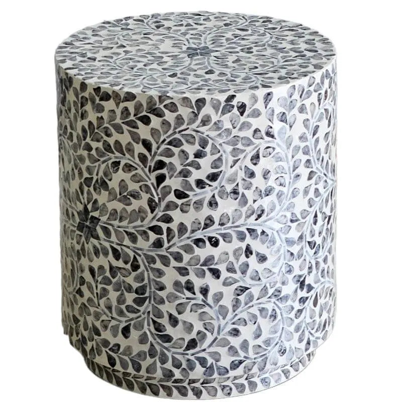 MOTHER OF PEARL SWIRLING LEAF CREAM SIDE TABLE/STOOL - Jodha Furniture