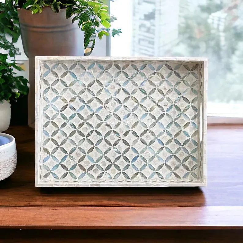 Ocean Blue Pattern Mother pearl inlay rectangular tray - Jodha Furniture