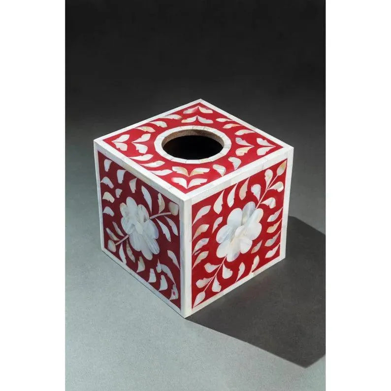 Red Velvet Floral Tissue Box - Jodha Furniture